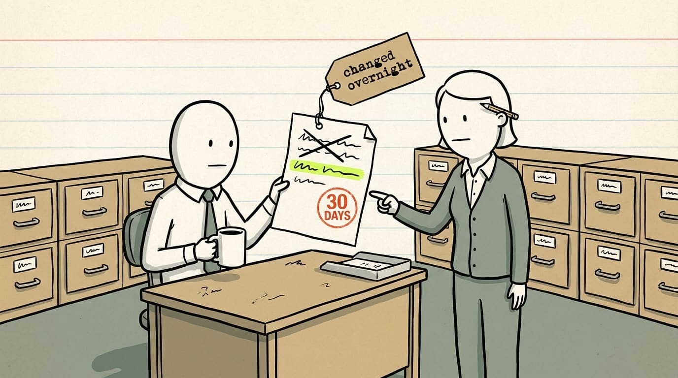 A cartoon. A records clerk points at a sheet handed to a man with his morning coffee. One line is crossed out, the next highlighted, a tag reads “changed overnight” and a red stamp reads “30 DAYS”.