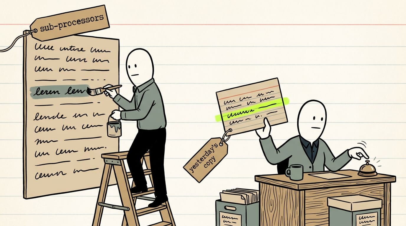 A cartoon. A sign painter on a ladder quietly paints over one line of a notice board tagged “sub-processors”. At a desk nearby, a records clerk holds up an index card tagged “yesterday’s copy”, the changed line highlighted, and taps a service bell.